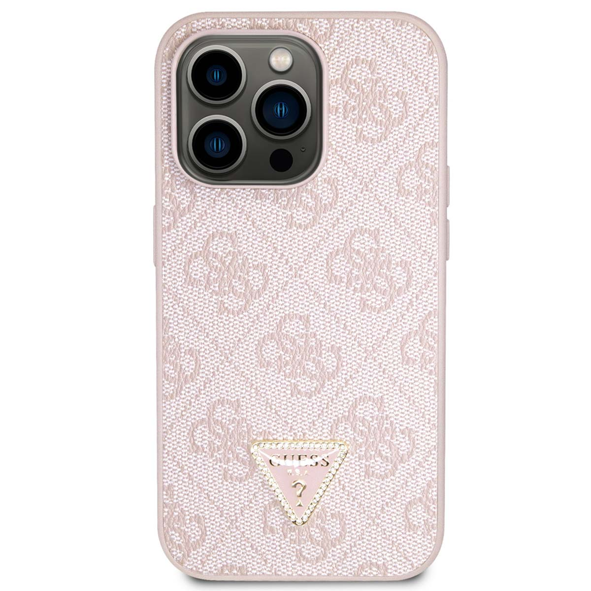 Rosa Handyhülle mit Muster und Guess-Logo unten. Telefon sichtbar.