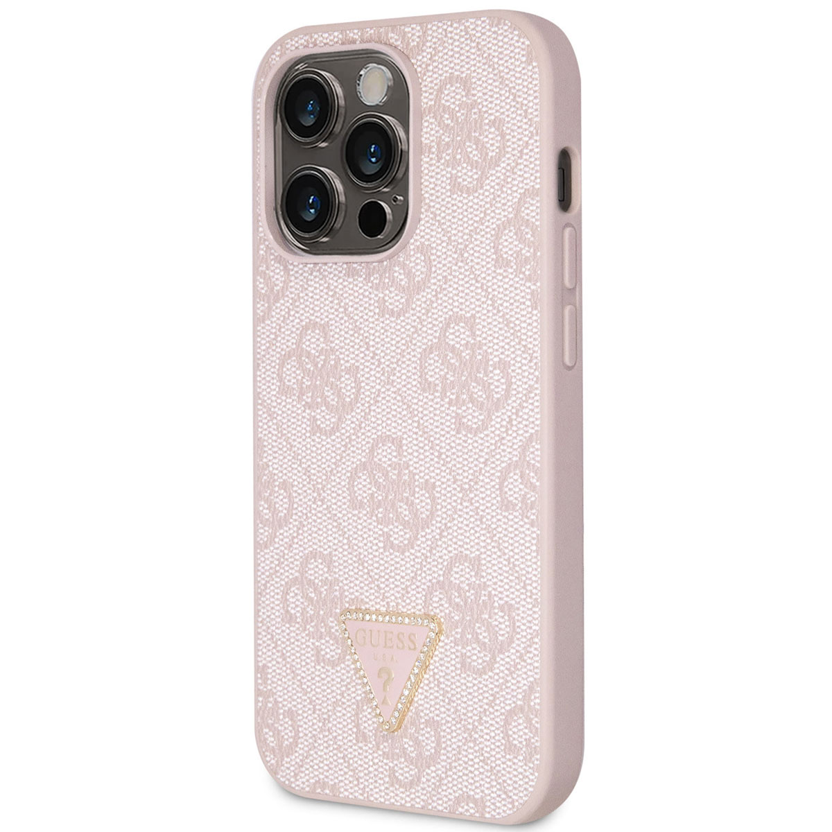 Rosa iPhone-Hülle mit Guess-Logo und sich wiederholendem Muster. Diamantförmiges Guess-Logo.