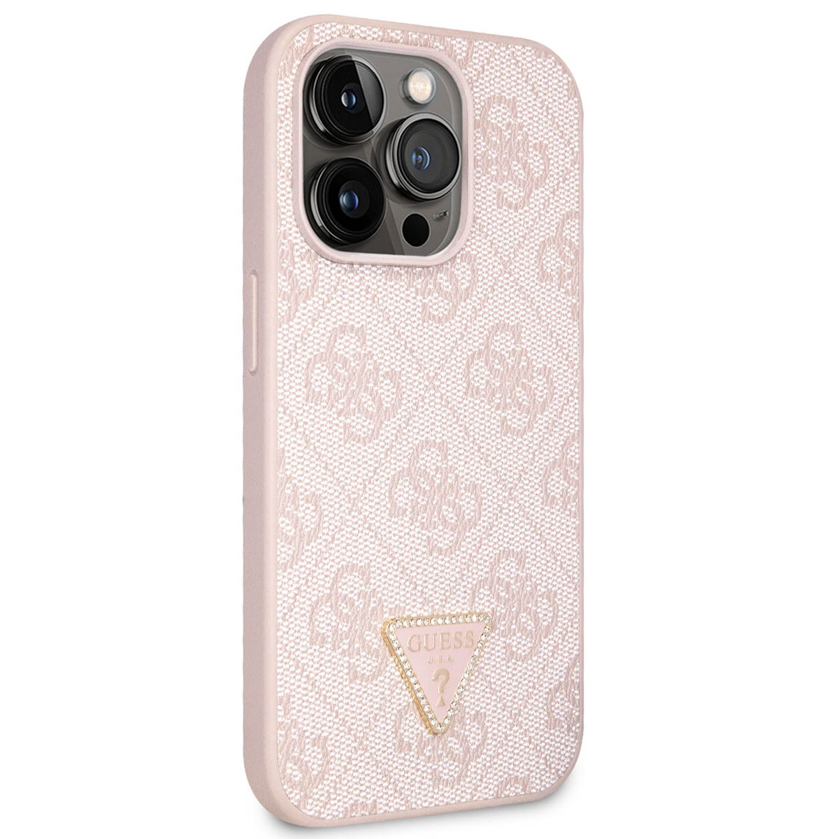 Rosa Handyhülle mit Muster und Guess-Logo unten. Telefon sichtbar.
