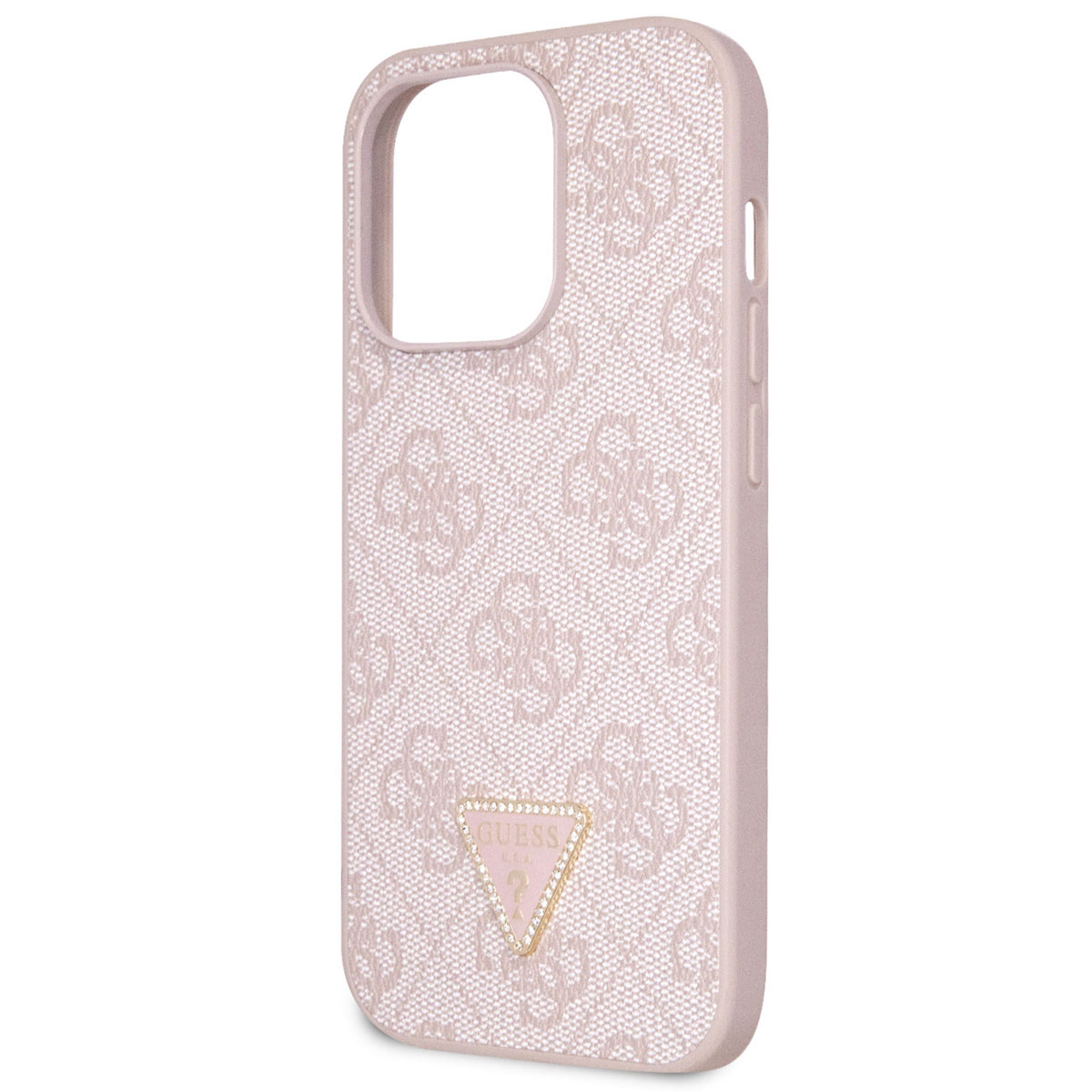 Rosa iPhone-Hülle mit Guess-Logo und sich wiederholendem Muster. Diamantförmiges Guess-Logo.