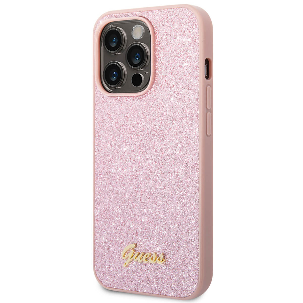 Custodia rosa glitterata con il logo Guess. Telefono con tre obiettivi.