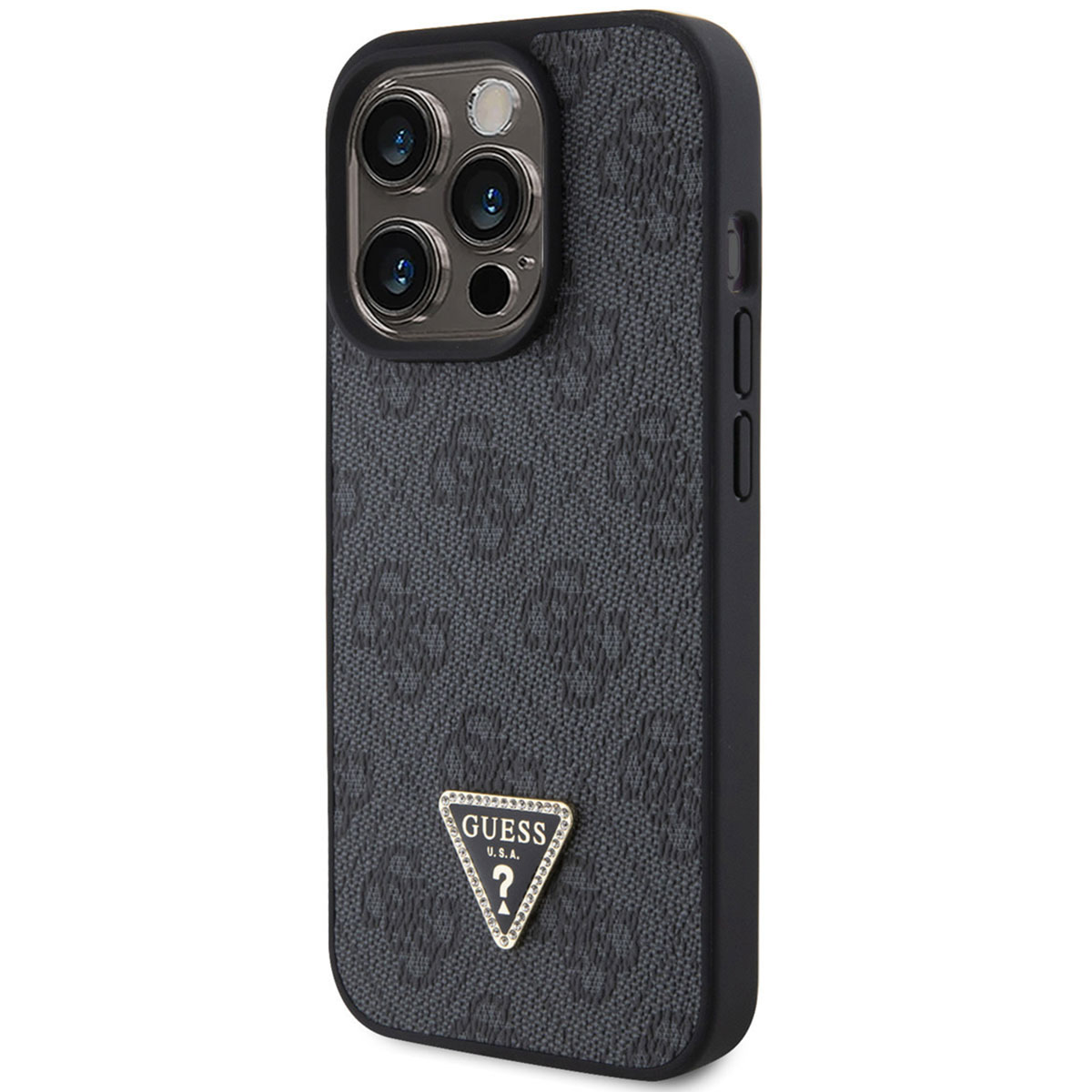 Custodia per iPhone Guess grigio scuro con motivo logo ripetuto e logo Guess in metallo.