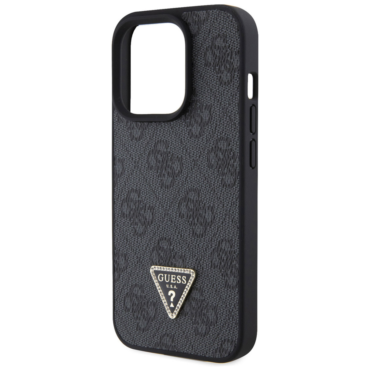 Custodia nera con il logo Guess e un triangolo. Lo sfondo è nero.