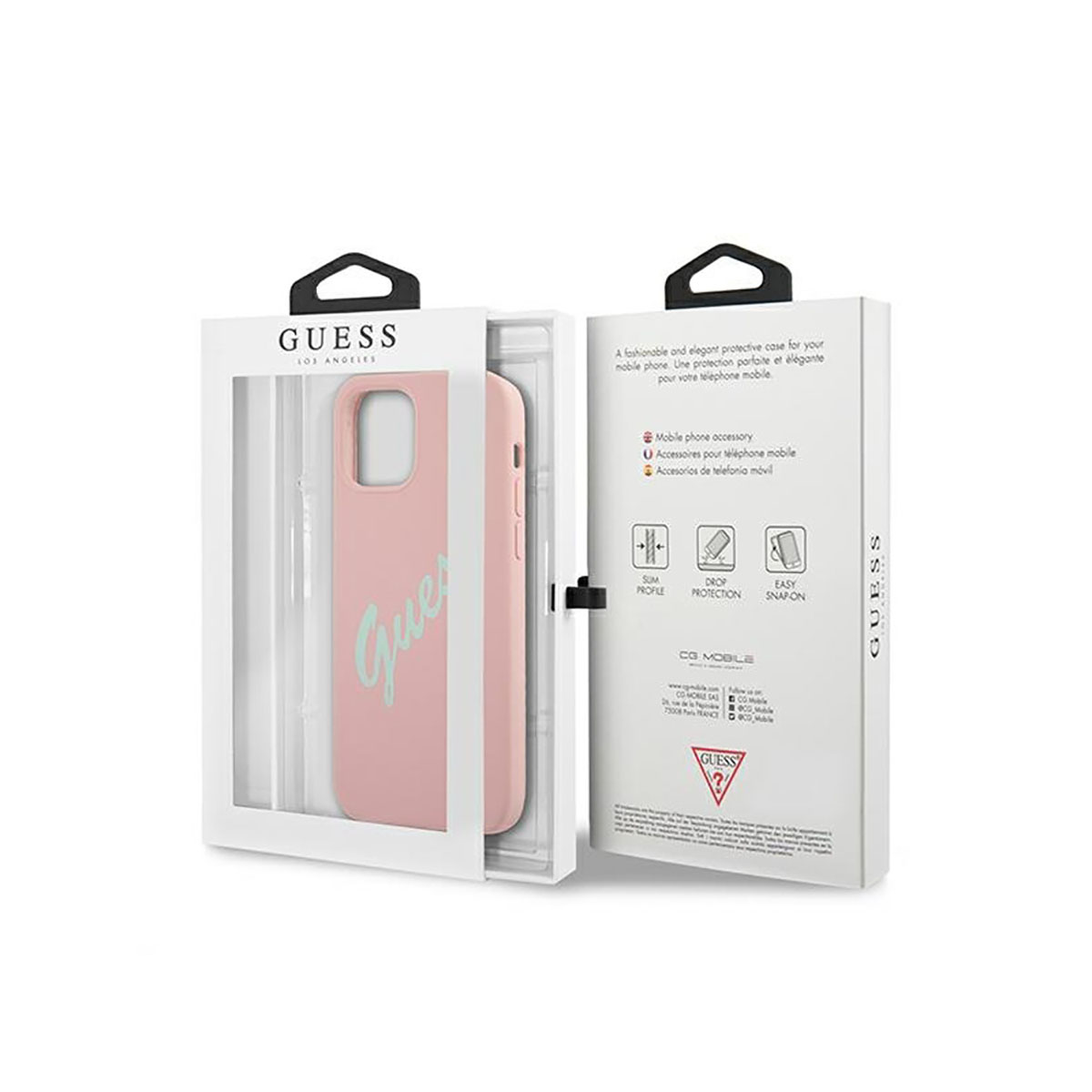Handyhülle in einer Box. Die Hülle ist rosa und hat das Wort 'Guess' drauf.