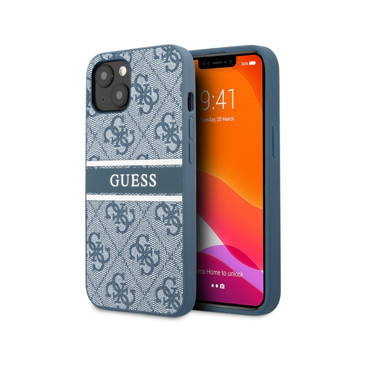 Custodia con motivo blu, striscia bianca con 'Guess' al centro. Schermo del telefono visibile.