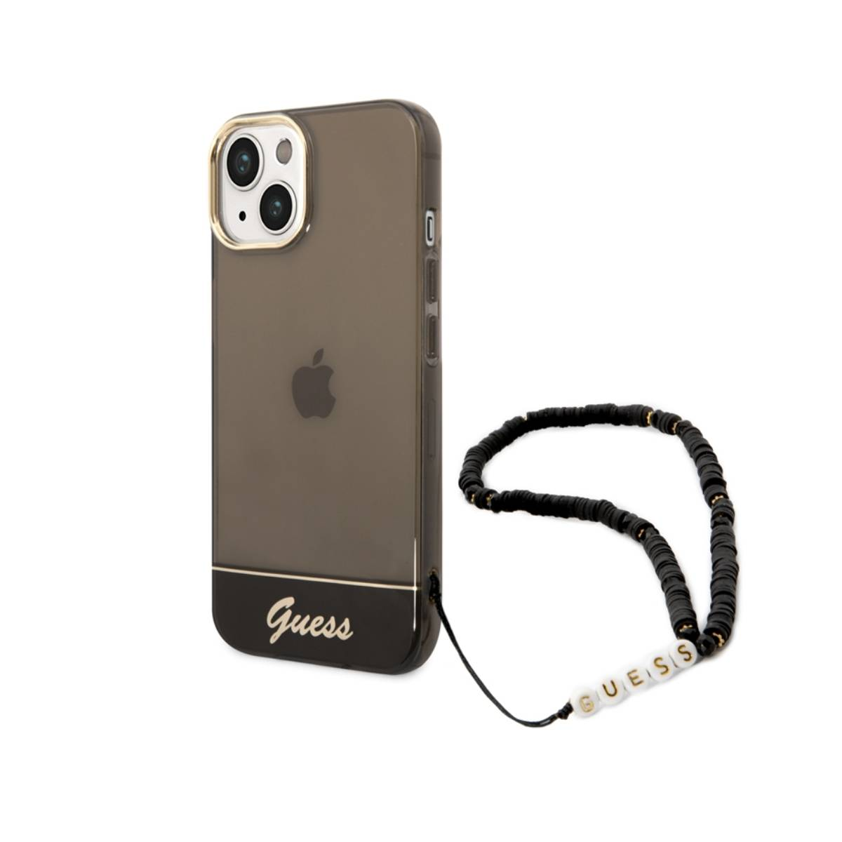Custodia del telefono con il telefono. La custodia è nera con la scritta Guess.