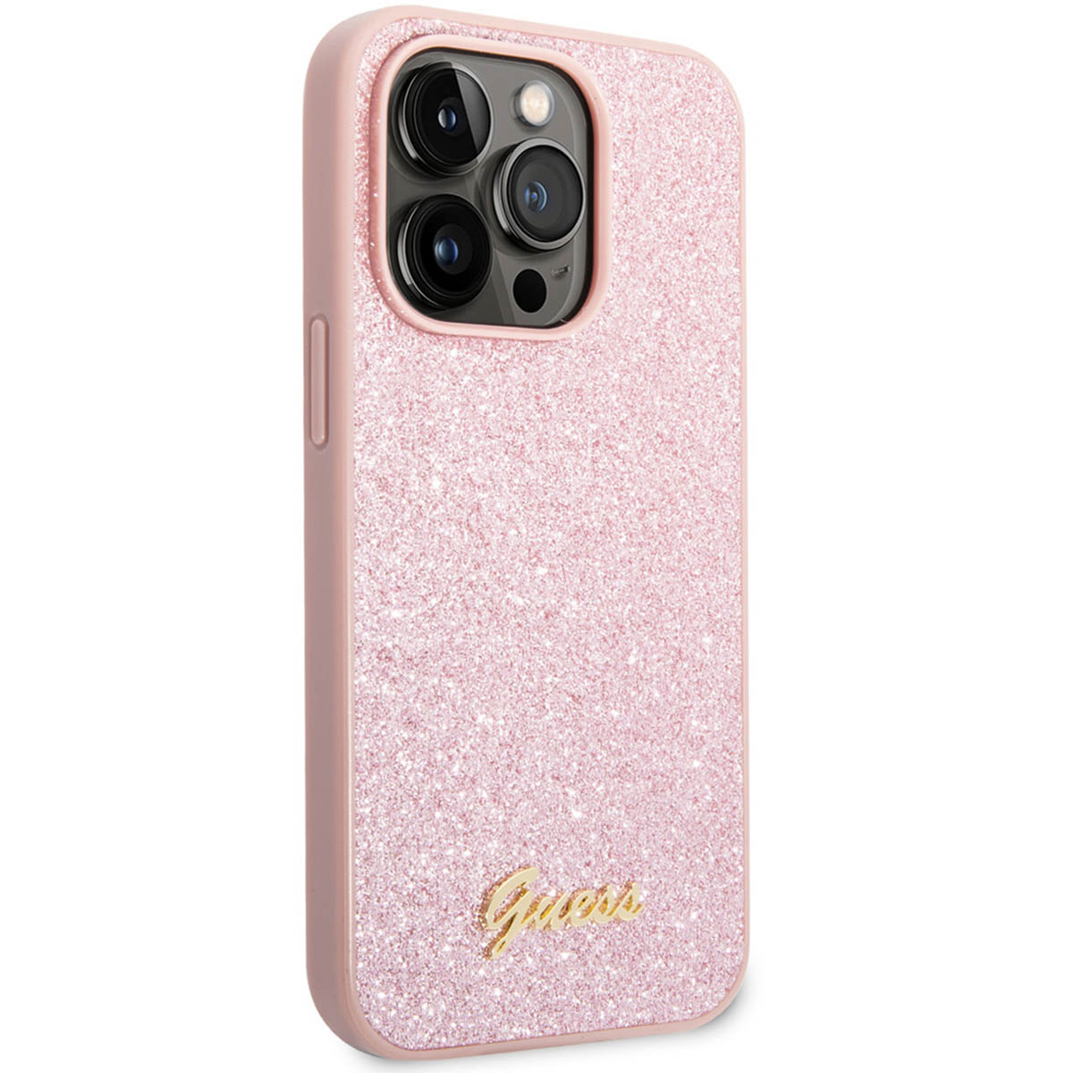 Custodia rosa con glitter e logo Guess dorato. La fotocamera è visibile in alto.