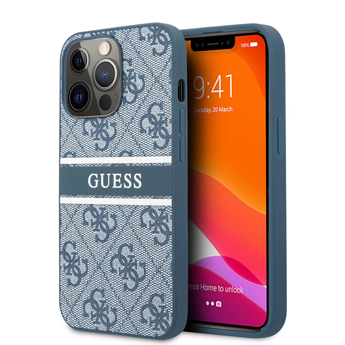 Un telefono su una custodia. La custodia è blu con la scritta Guess sopra.
