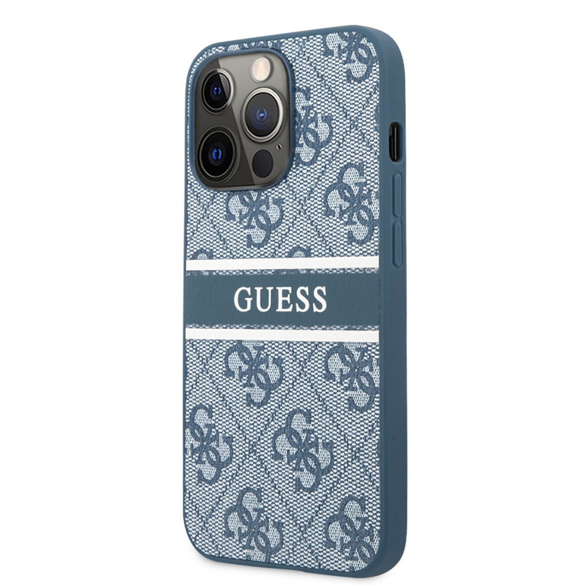 Custodia del telefono con il telefono. La custodia è blu con la scritta Guess.