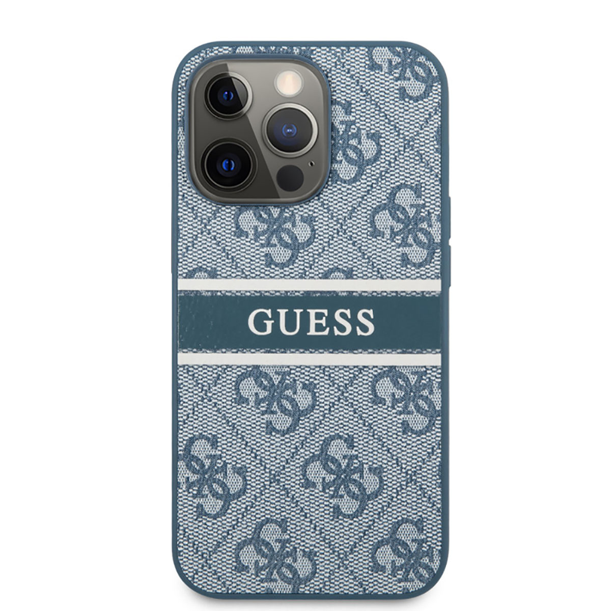 Custodia per telefono con motivo blu e la parola GUESS. Ha un ritaglio per la fotocamera.