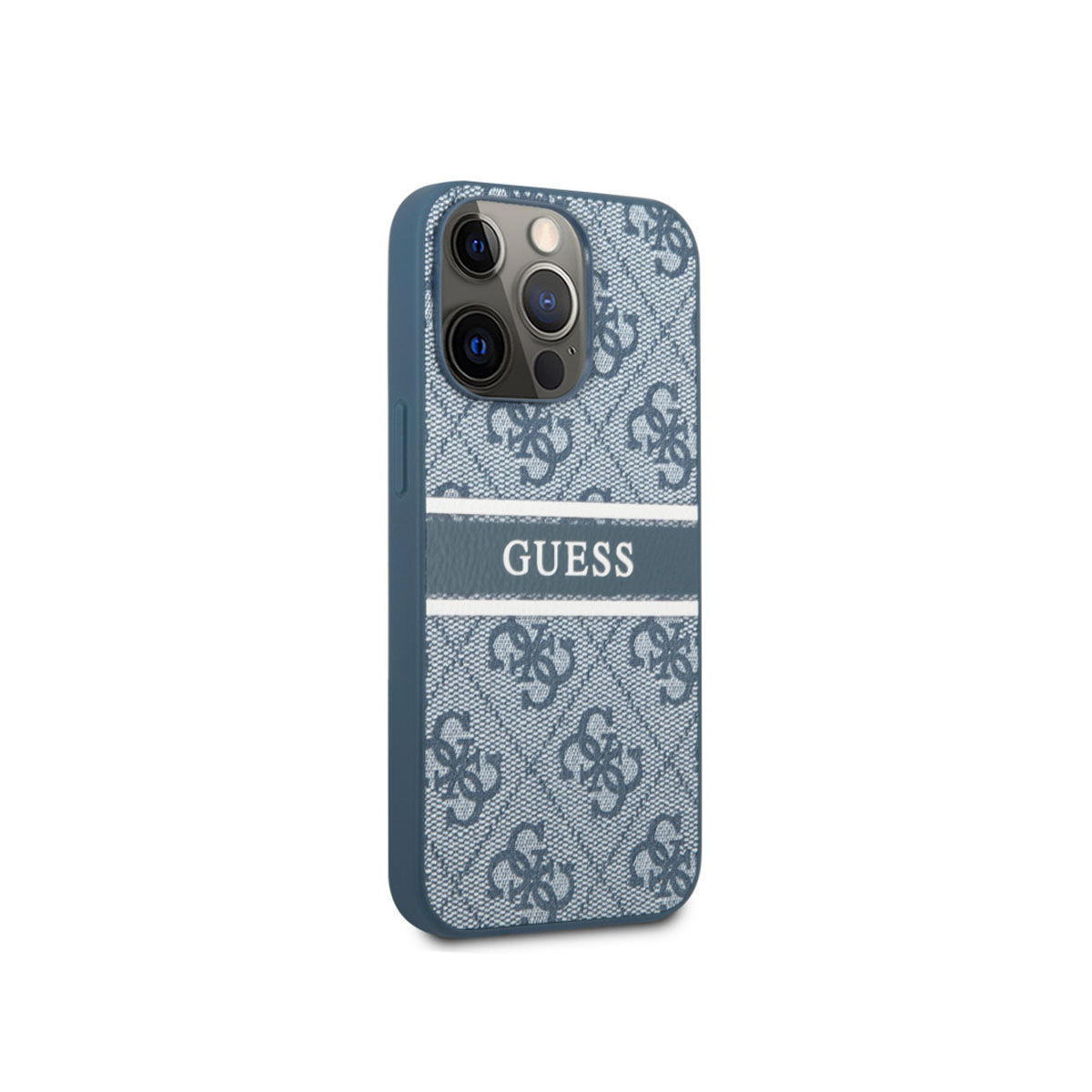 Custodia del telefono. La custodia è blu con la scritta Guess.