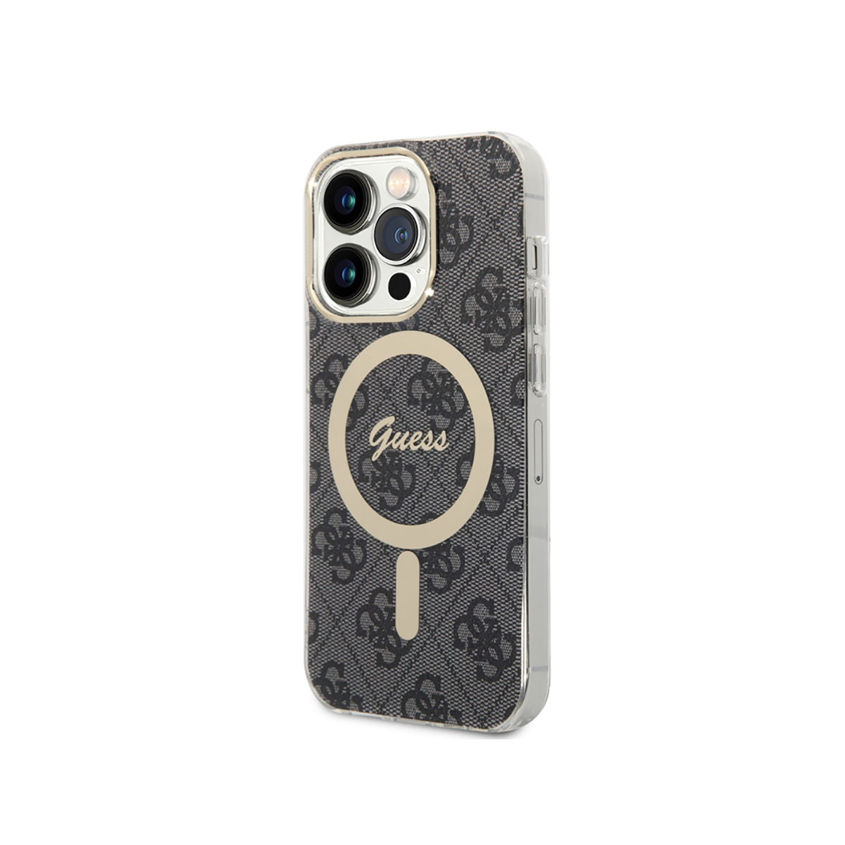 Una custodia per telefono con logo e motivo Guess. Le lenti della fotocamera sono visibili.