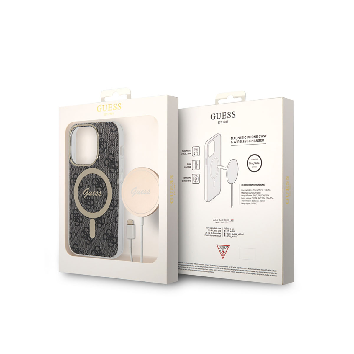 Una custodia per telefono Guess e un caricatore wireless in una scatola. La custodia ha un motivo.