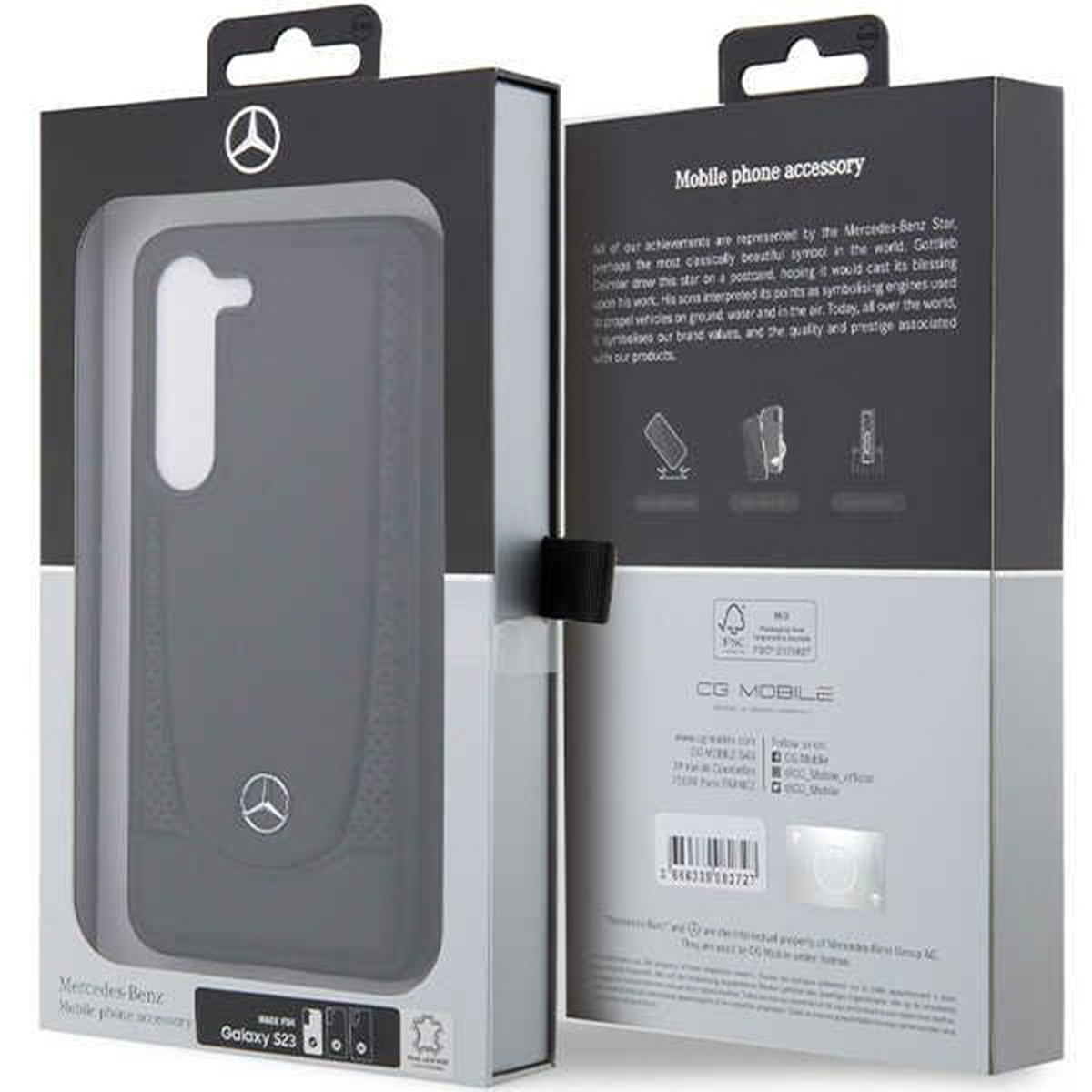 Eine Handyhüllenbox mit Mercedes-Logo und einer Handyhülle darin, vor weißem Hintergrund.