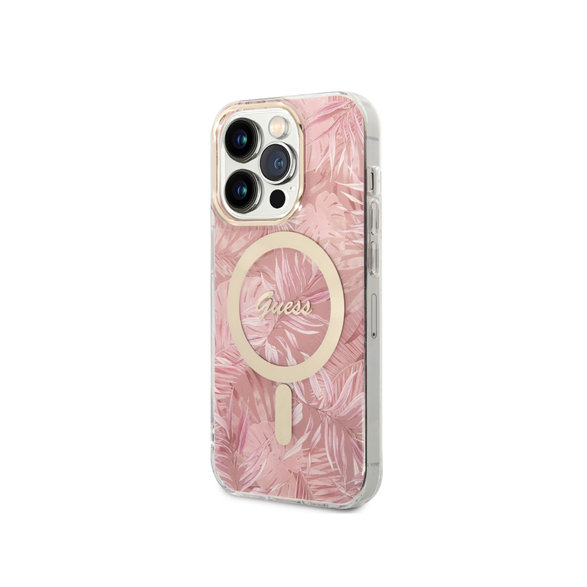 Eine Handyhülle mit rosa Blumenmuster und goldenem Kreisdesign, mit dem Guess-Logo.