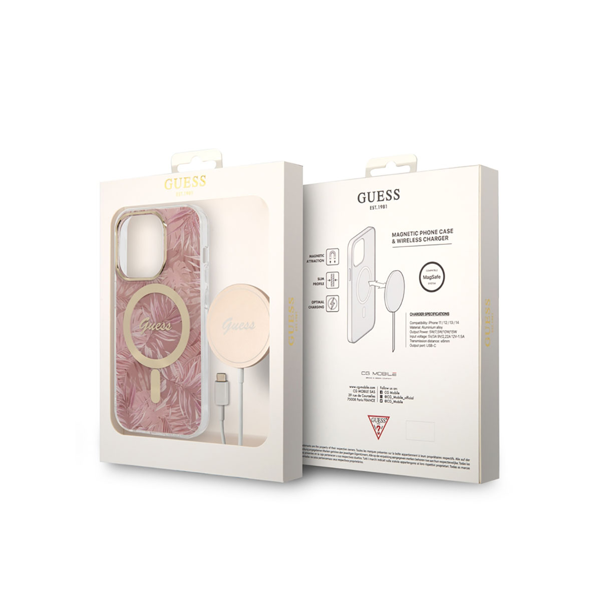 Eine Guess Handyhüllenbox mit Handyhülle und kabellosem Ladegerät, mit rosa Blättern auf weißem Grund.