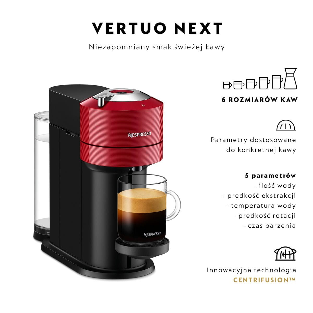 Una macchina da caffè Nespresso rossa con una tazza di caffè, con testo su caratteristiche e parametri.