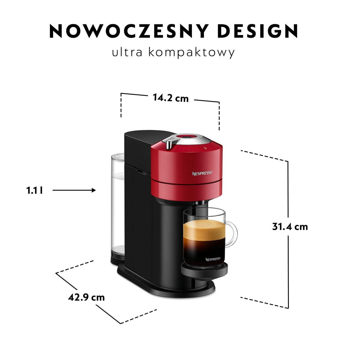 Una macchina da caffè Nespresso rossa e nera con una tazza di caffè e dimensioni indicate.