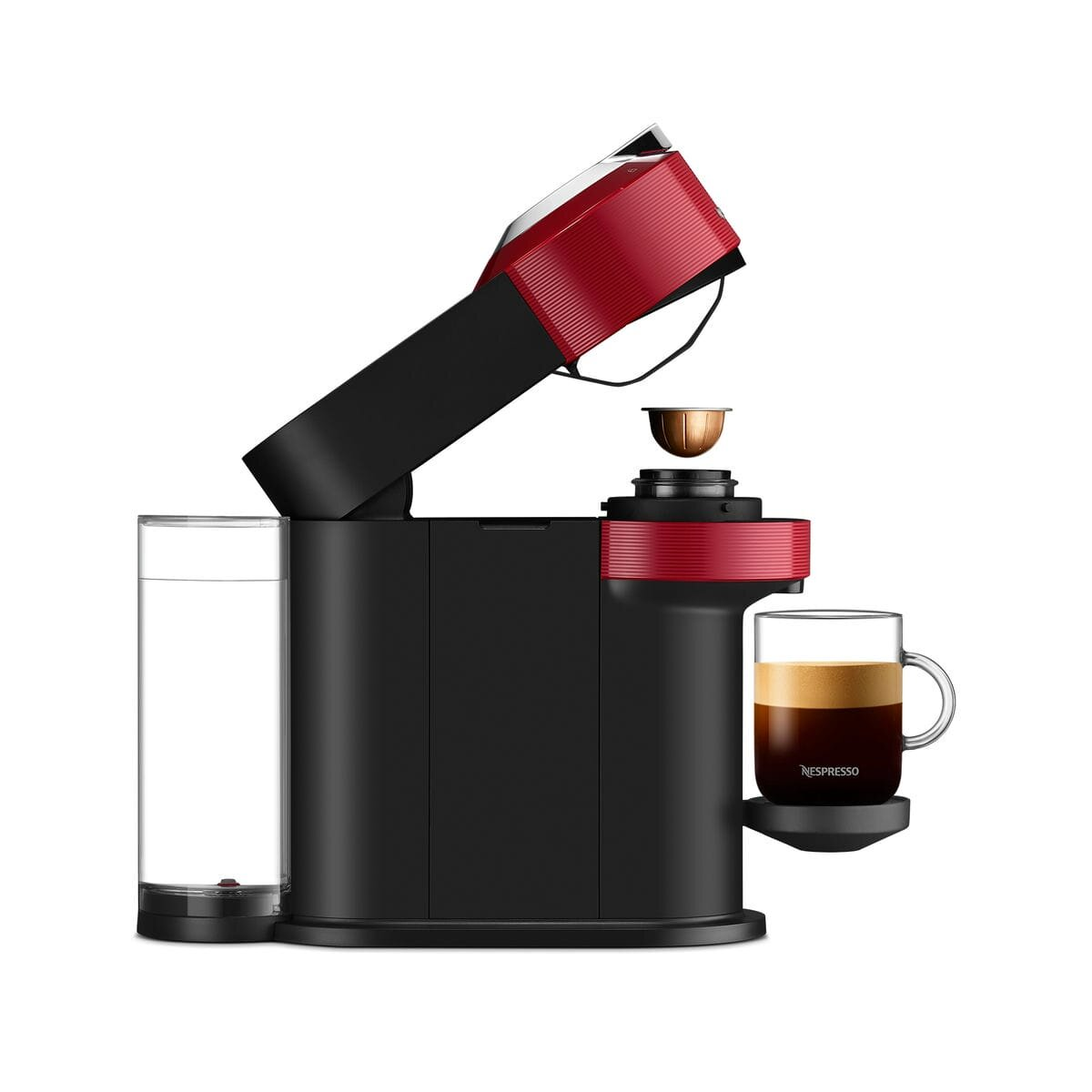 Czerwono-czarny ekspres do kawy Nespresso z włożoną kapsułką i filiżanką kawy.