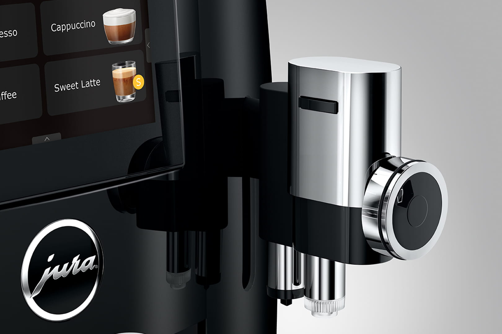 Primo piano di una macchina da caffè Jura nera e argento con un'interfaccia touchscreen.