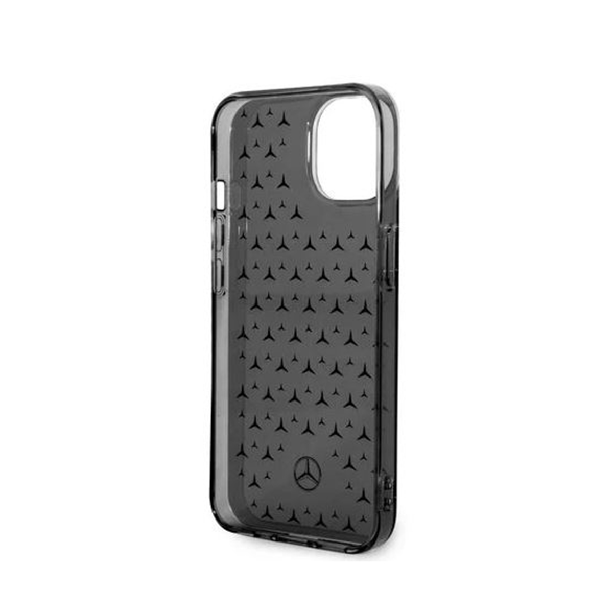 Custodia nera per iPhone. Ha un motivo con il logo Mercedes. Il telefono è nella custodia.