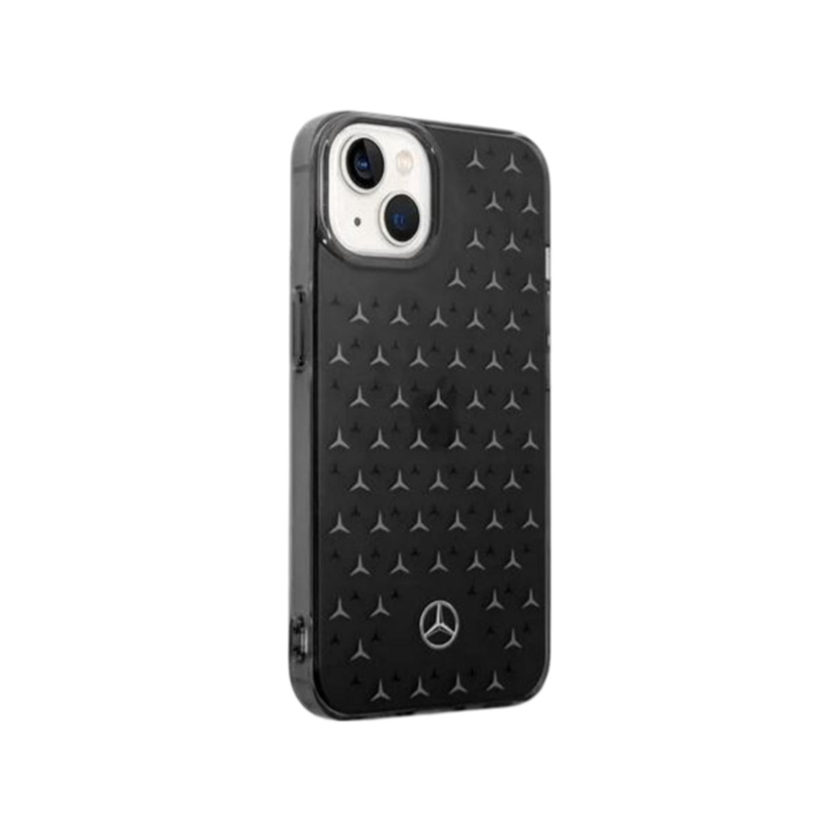 Custodia nera per iPhone con un motivo con il logo Mercedes. Il telefono è nella custodia.