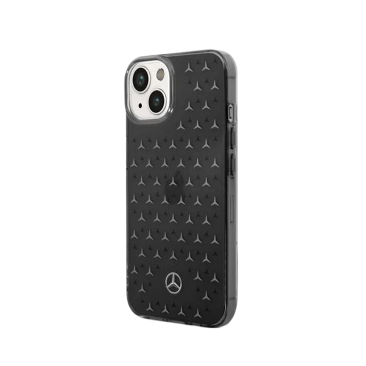 Custodia per telefono nera con logo Mercedes e loghi ripetuti sulla superficie.