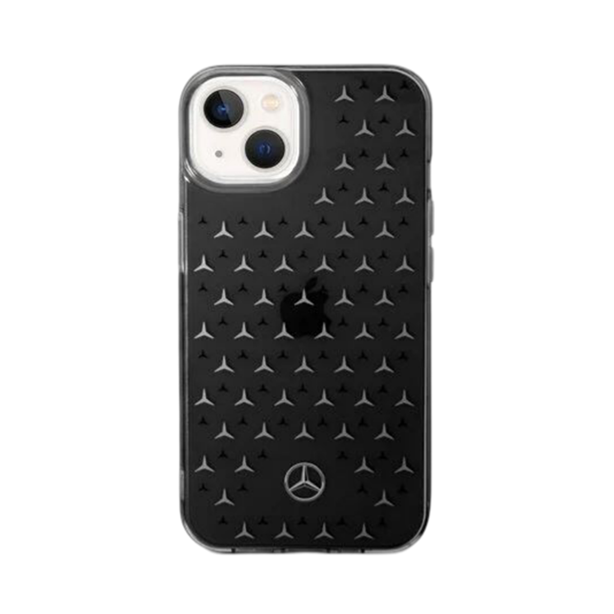 Custodia nera per iPhone con un motivo con il logo Mercedes. Il telefono è nella custodia.