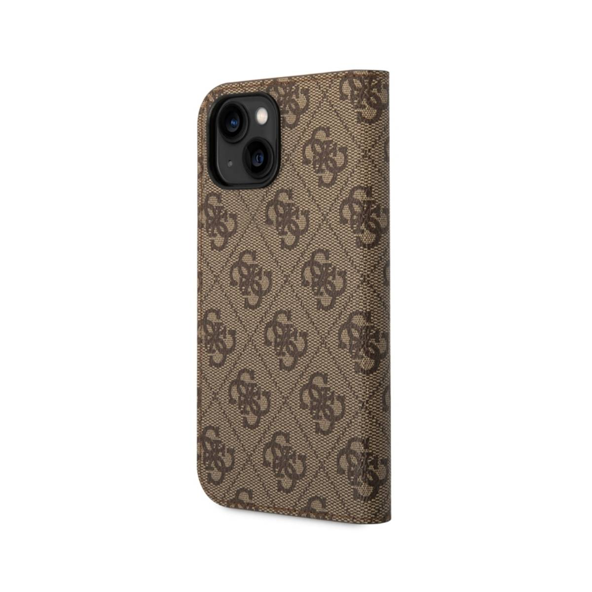 Custodia Guess marrone per iPhone. È una custodia a portafoglio con motivo logo.