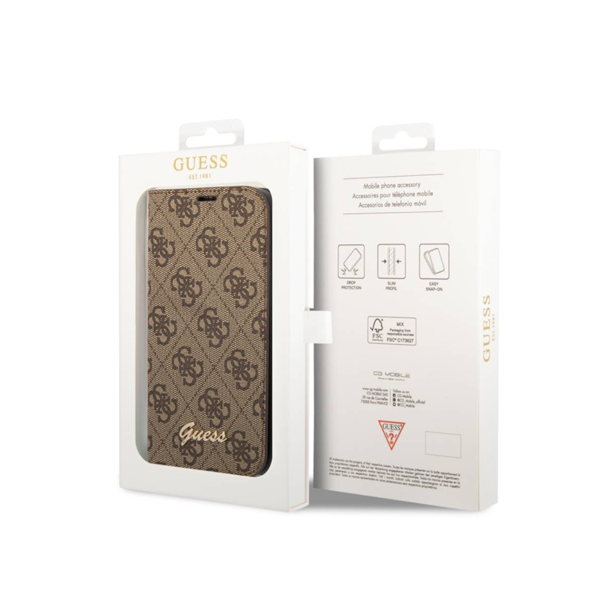 Una custodia per telefono Guess marrone in una scatola bianca. La custodia ha un motivo con logo ripetuto.