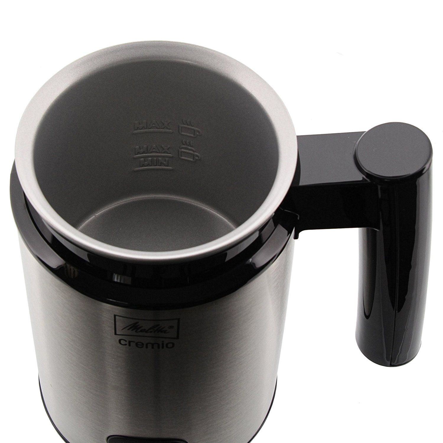 Spieniacz do mleka Melitta Cremio ze stali nierdzewnej z czarnym uchwytem.