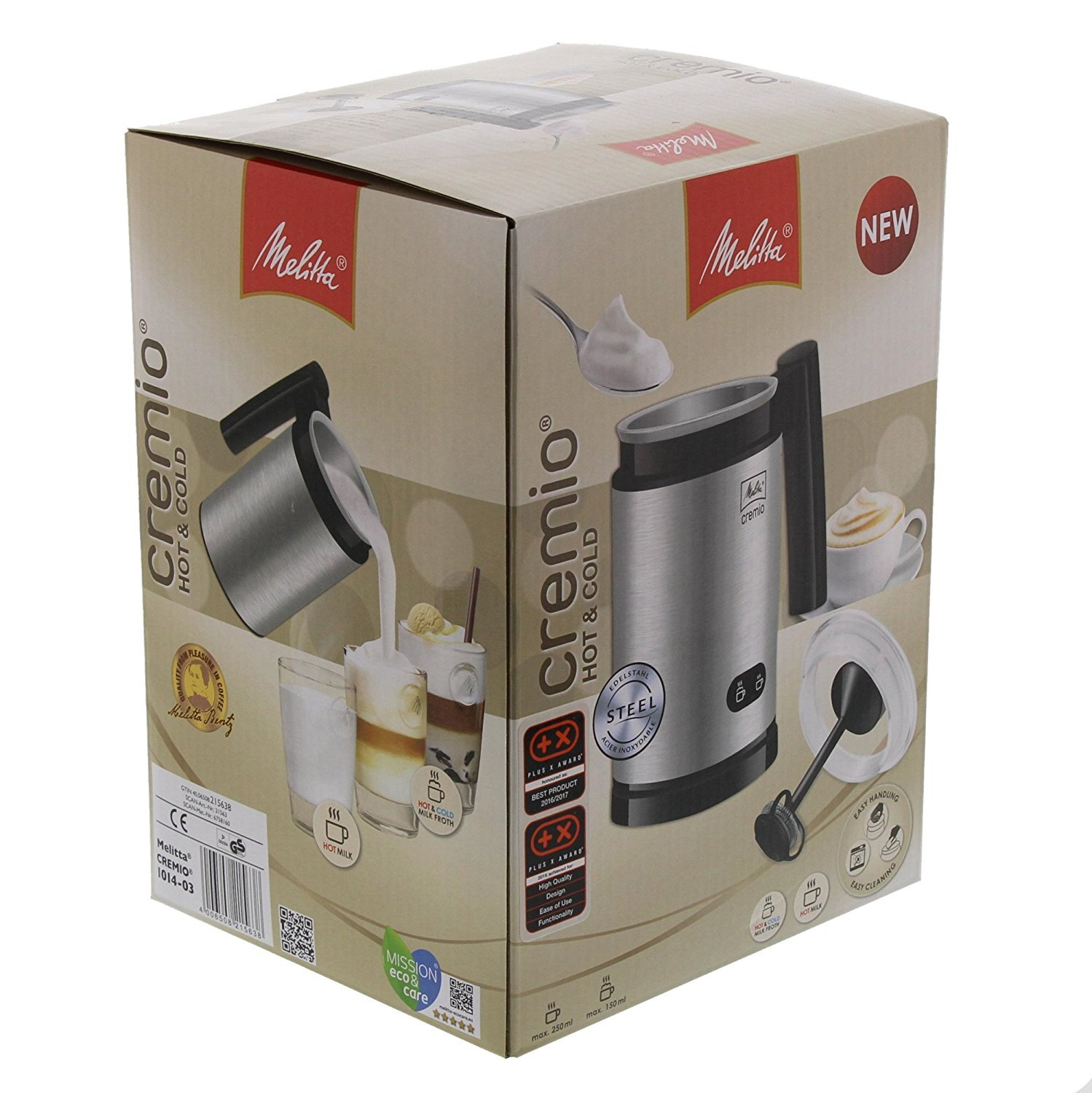 Pudełko spieniacza do mleka Melitta Cremio Hot & Cold przedstawiające produkt i zdjęcia napojów mlecznych.