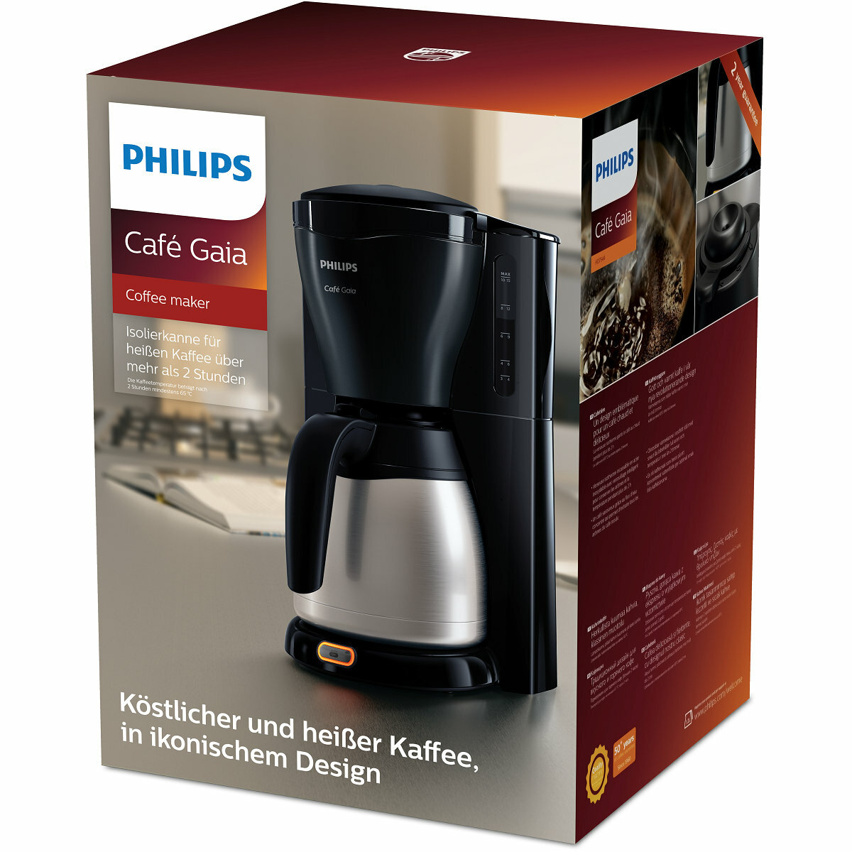 Cafetera en su caja; la caja está etiquetada como Philips Cafe Gaia, con texto en varios idiomas.