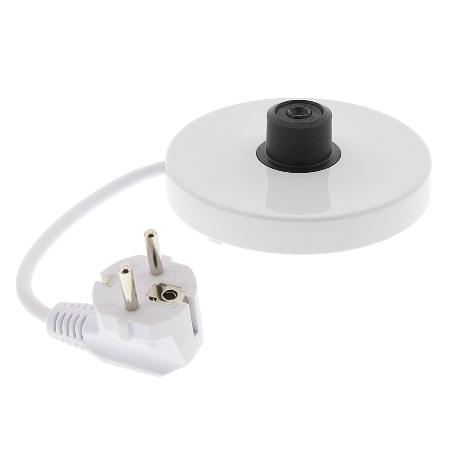 Biała podstawa czajnika z czarnym złączem oraz białym przewodem i wtyczką zasilania.