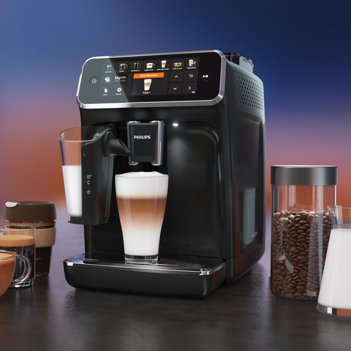 Czarny ekspres do kawy Philips robiący latte macchiato. Mleko, ziarna kawy i szklanka na stole.