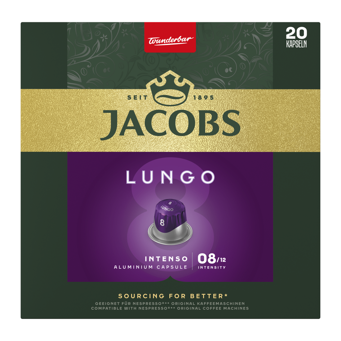 Jacobs Lungo Intenso Kaffeekapsel-Schachtel. Die Schachtel ist grün und gold mit dem Kapselbild darauf.