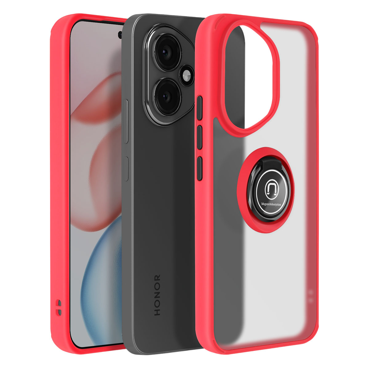 Een rode telefoonhoes met een ingebouwde ringhouder. De hoes houdt een telefoon vast, met de merknaam Honor zichtbaar.