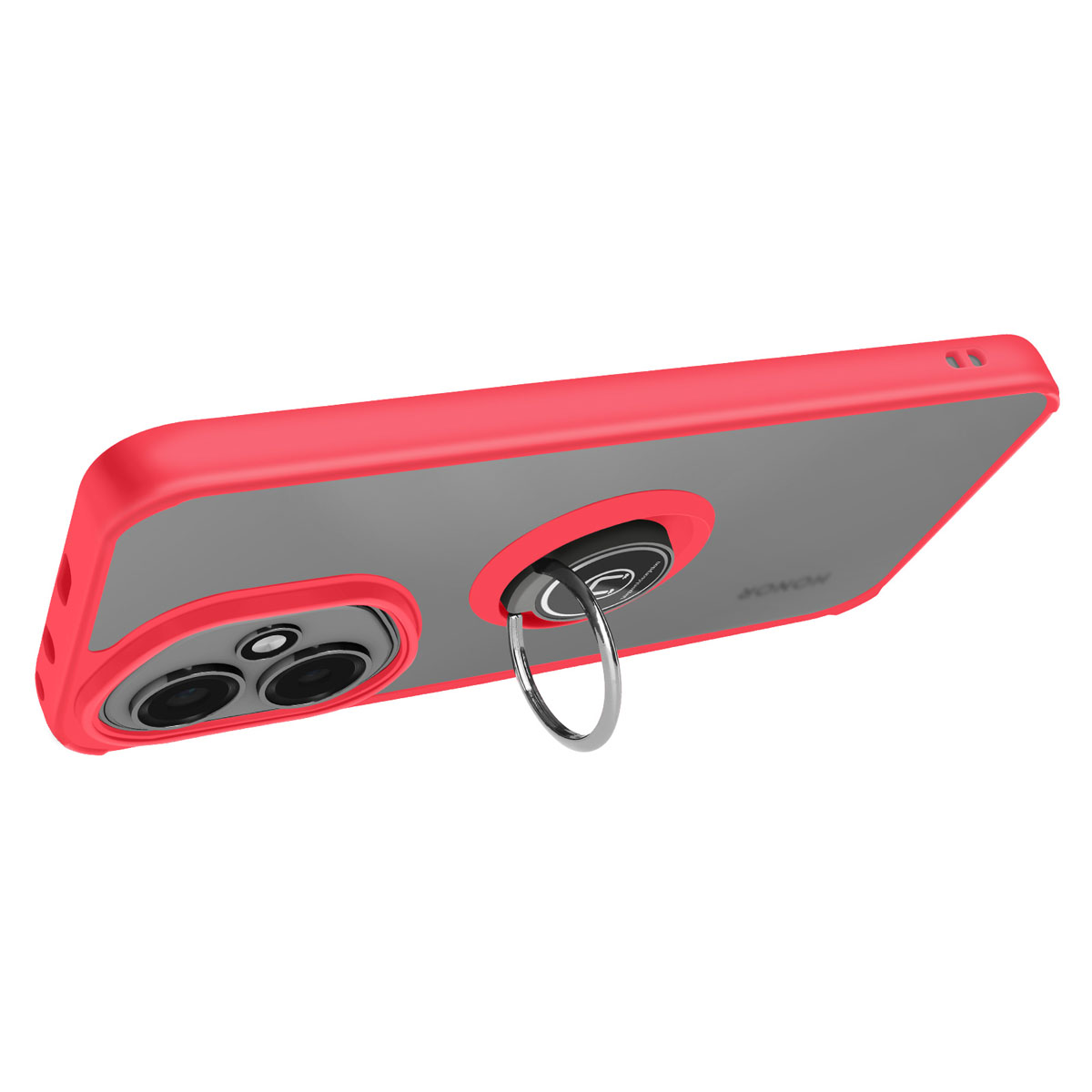 Een telefoonhoesje met een ringhouder. Het is rood en grijs.