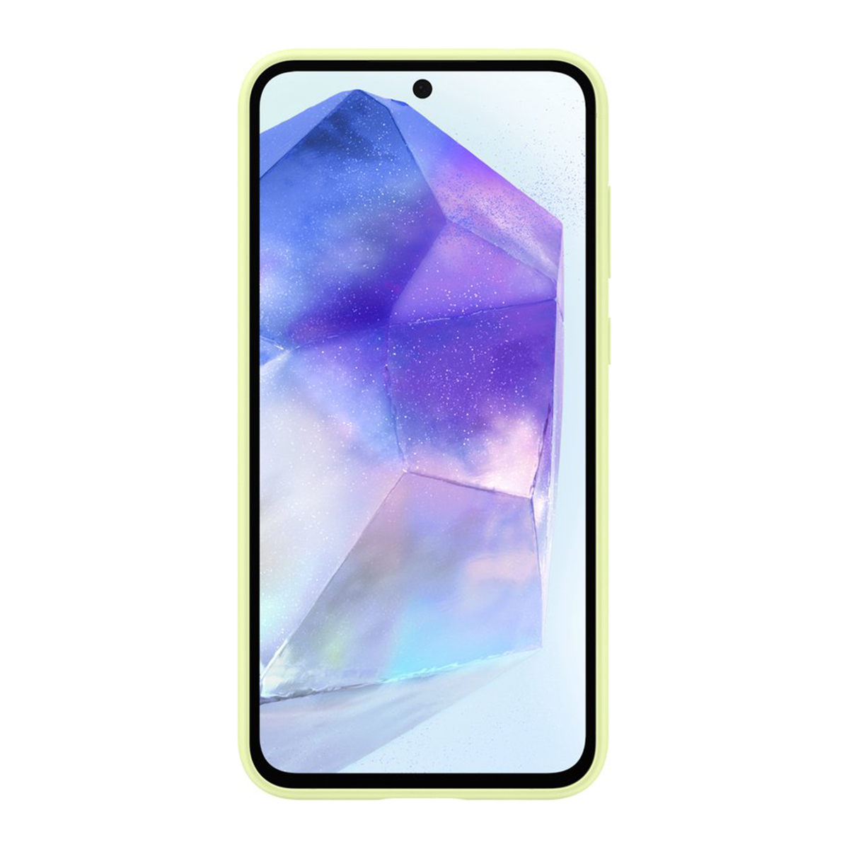 Ein Telefon mit hellgrüner Hülle, ein geometrisches Design auf dem Bildschirm.
