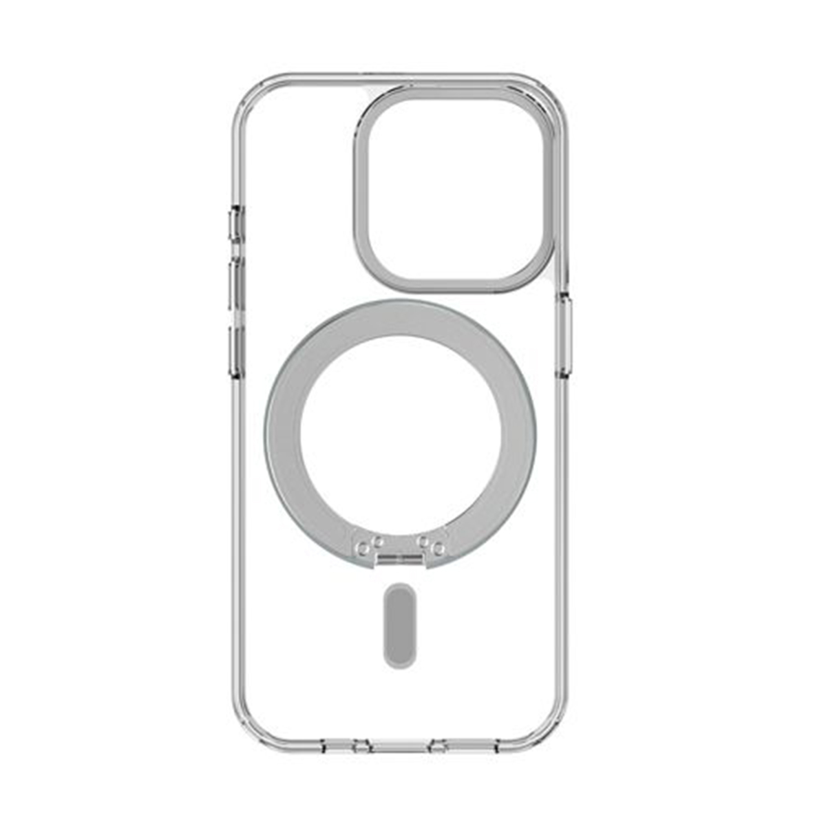 Custodia trasparente per telefono con bordo nero e anello magnetico circolare.