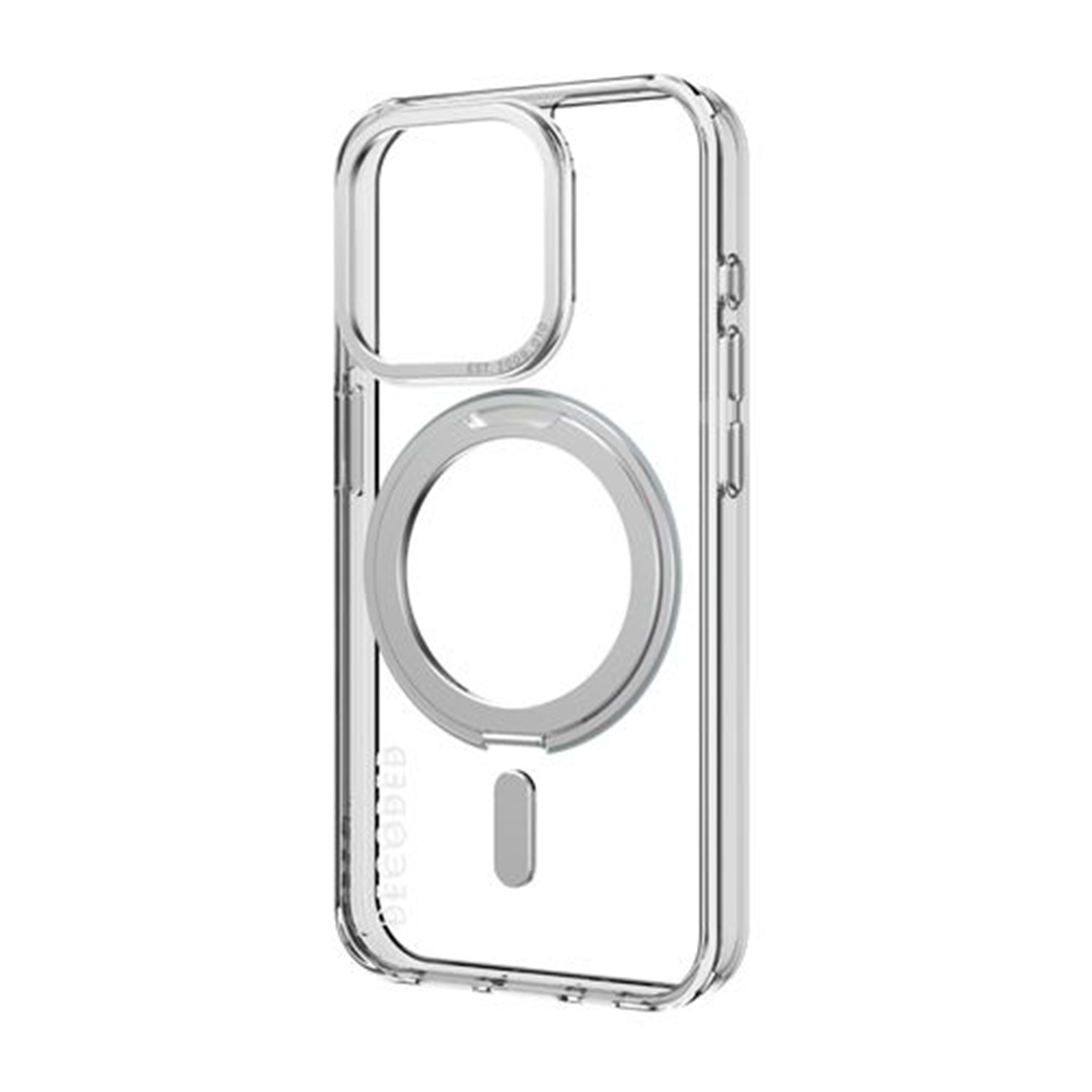 Una custodia trasparente per telefono con un anello MagSafe.