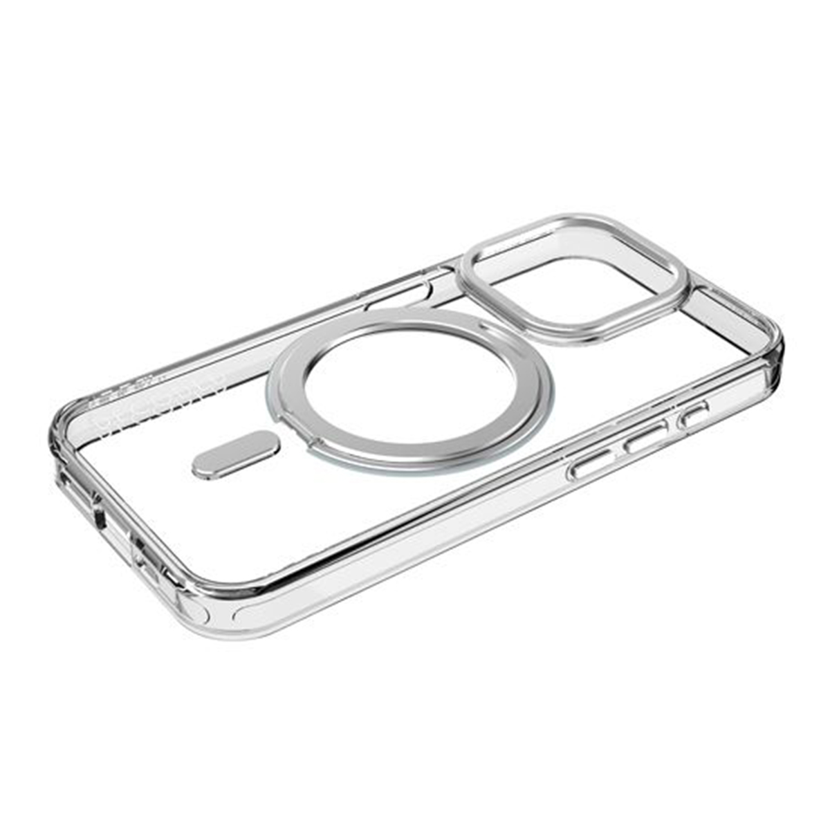 Una custodia trasparente per telefono con un anello MagSafe. La custodia è angolata.