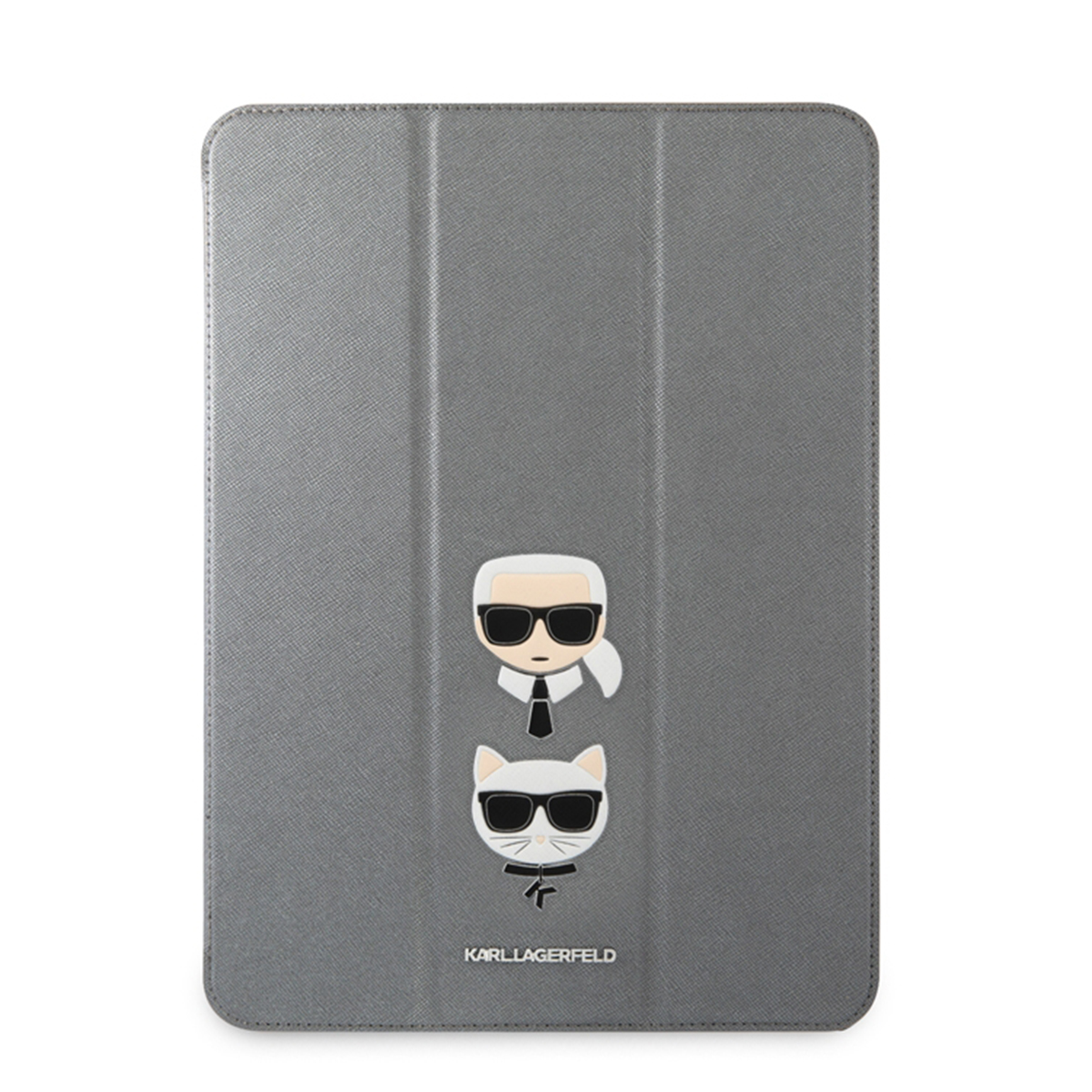 Custodia grigia per tablet con design Karl Lagerfeld, uomo e gatto.
