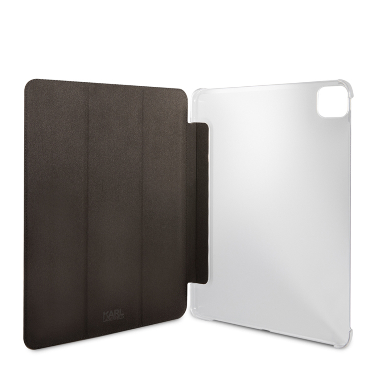 Custodia per tablet aperta, che rivela un tablet e il logo Karl Lagerfeld.