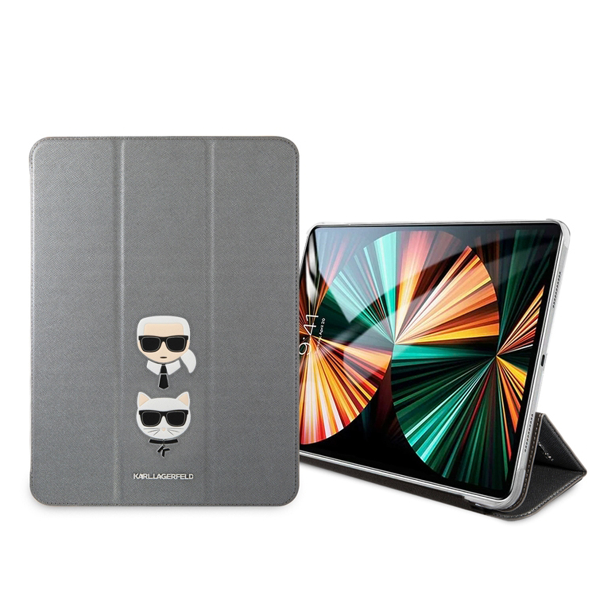 Custodia grigia per tablet con tablet all'interno, logo Karl Lagerfeld e personaggi dei cartoni animati.