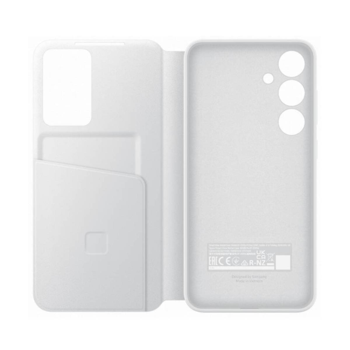 Otwarta biała obudowa telefonu z miejscem na kartę i oznaczeniami.