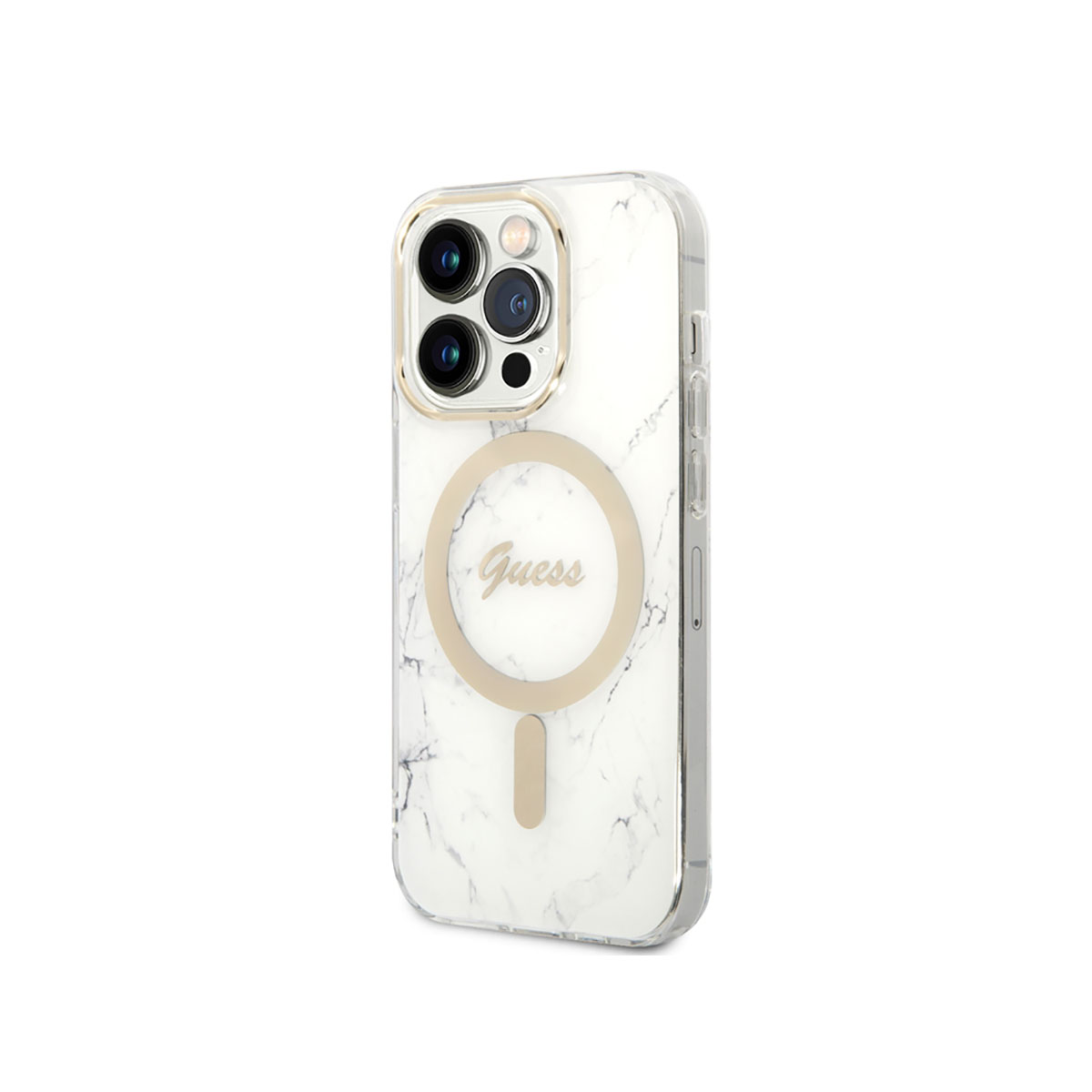 Una custodia per telefono con design a marmo bianco, logo Guess dorato e fori per la fotocamera. Sfondo bianco.