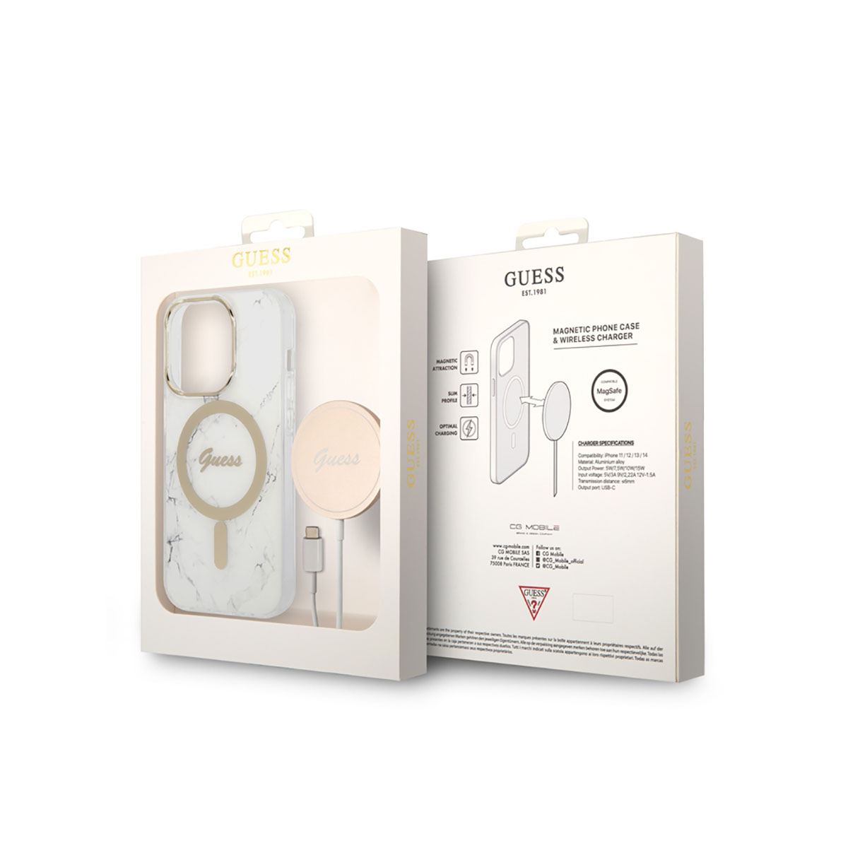 Una scatola per custodia e caricatore per telefono. La scatola contiene una custodia e un caricatore wireless, con marchio Guess.
