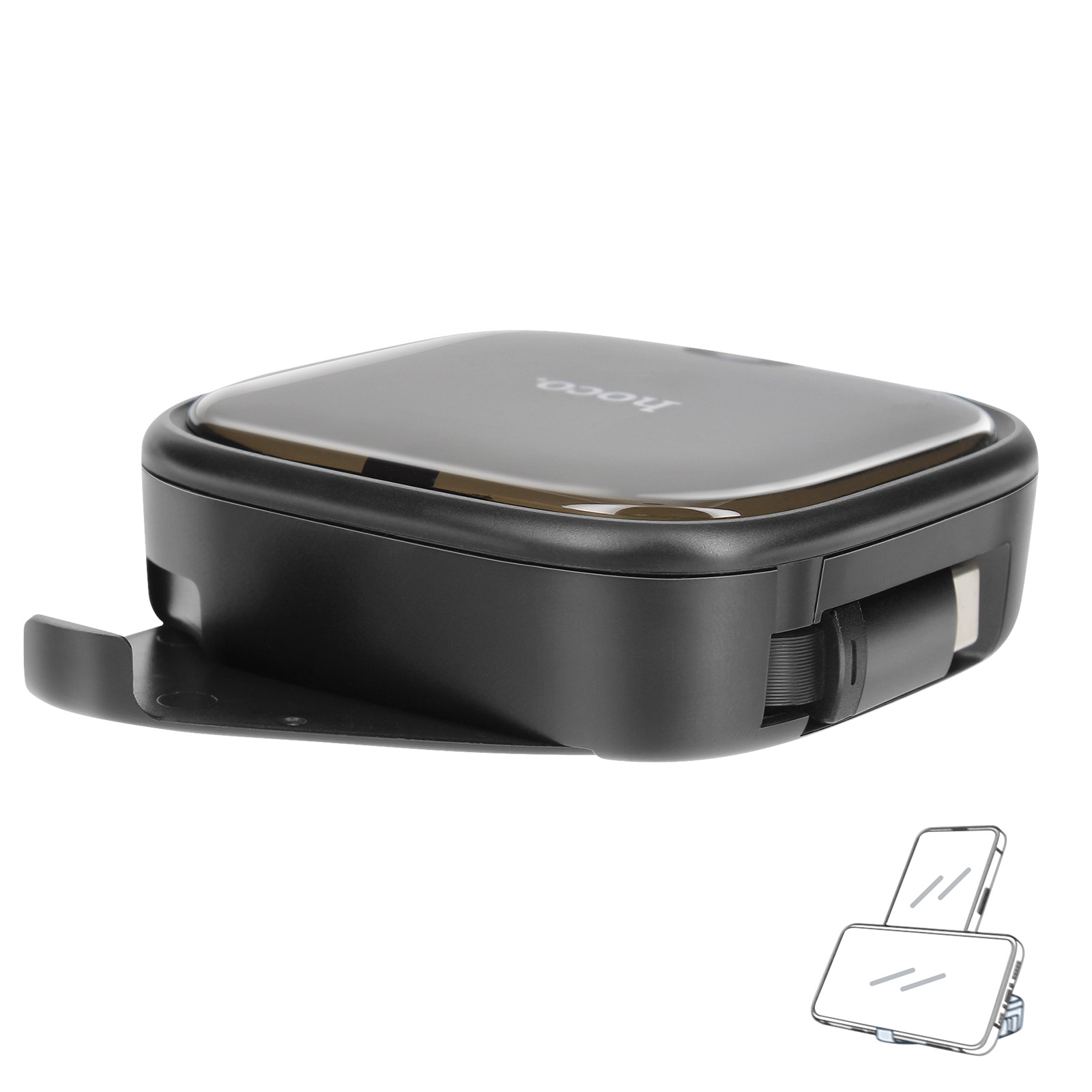 Chargeur sans fil rectangulaire noir avec un petit support de téléphone, noir et argent.