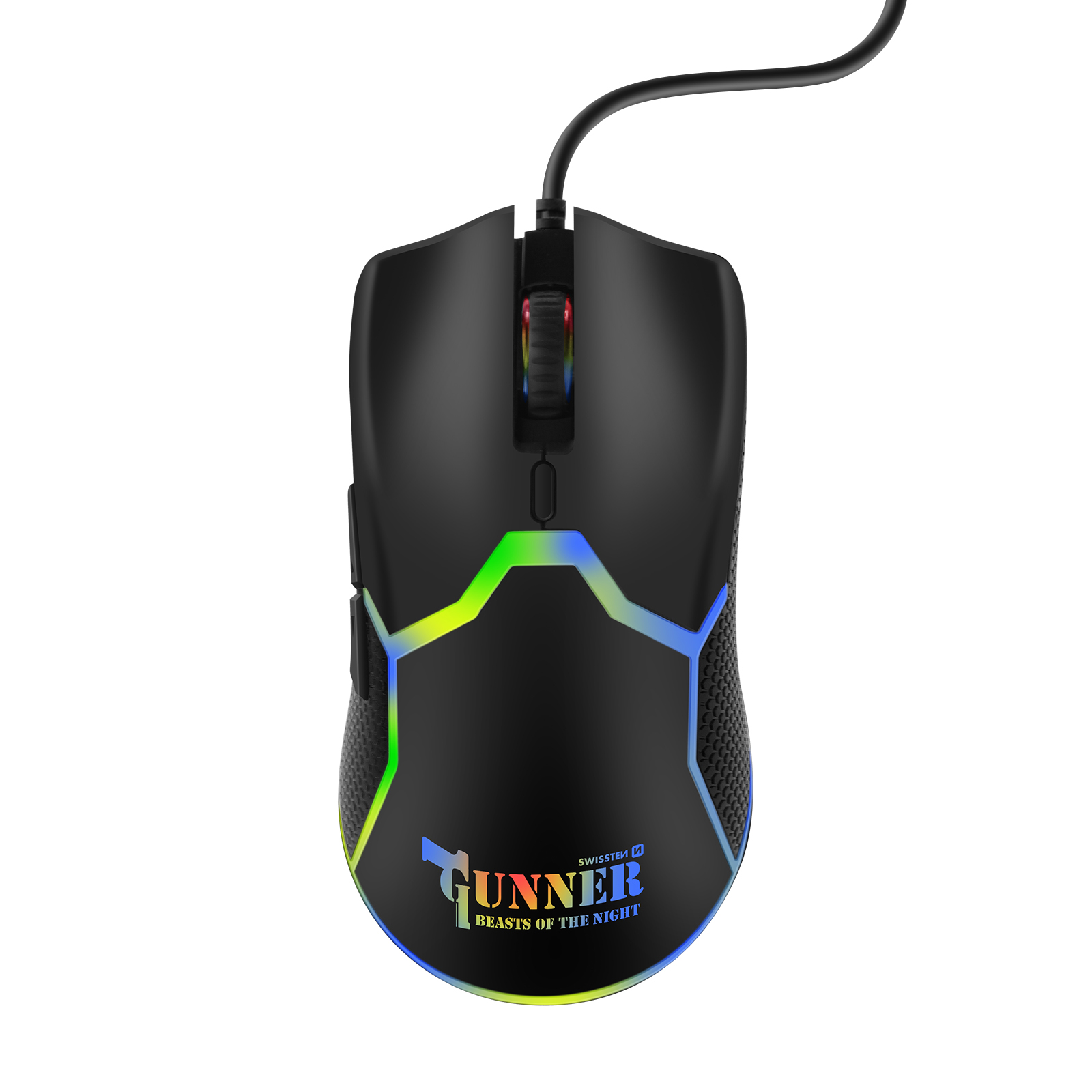 Schwarze Gaming-Maus mit mehrfarbigen Lichtern, sichtbarem Markennamen GUNNER und Kabel.